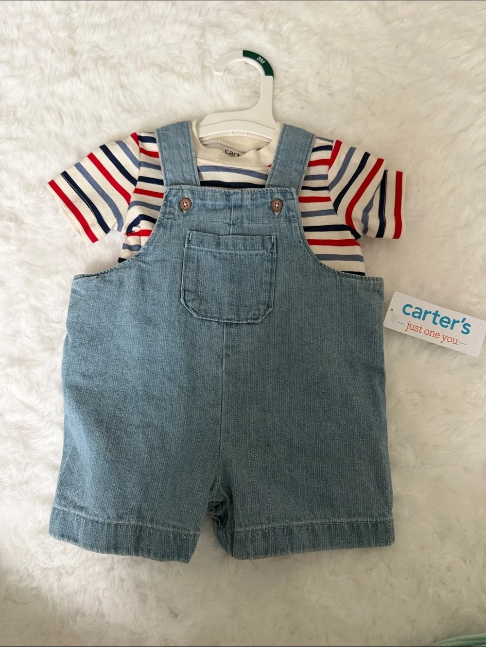 NEVER WORN Carter's Light Blue Denim Short Overalls with Red & Blue Stripe Tee